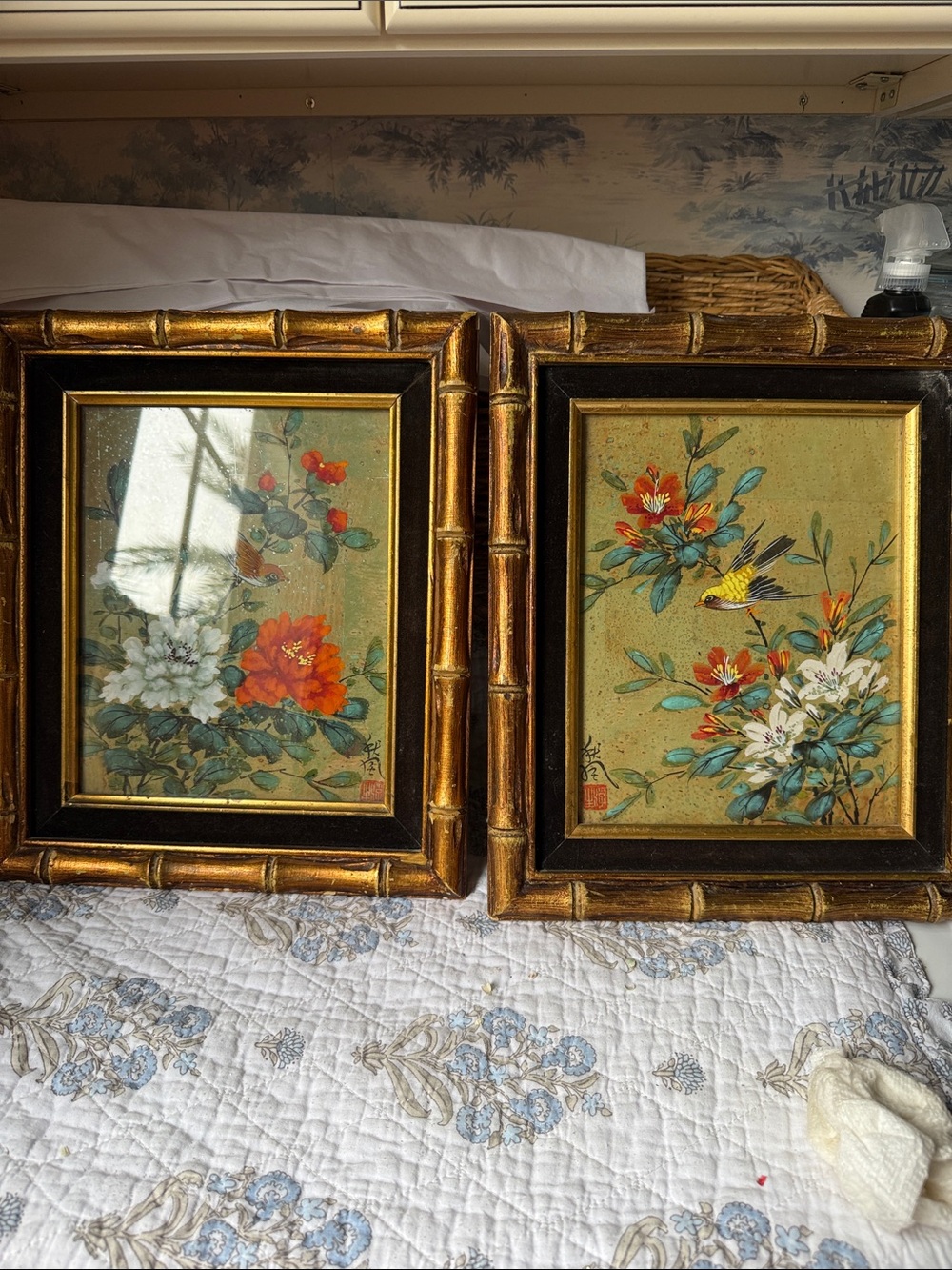 Vintage chinoiserie Floral & Bird Framed Art Pair - Gold Frame.